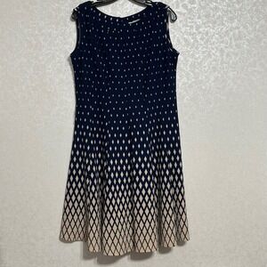 HAANI Petite PXL Blue Beige Diamond Print Sleeveless A-Line Midi Dress Textured‎
